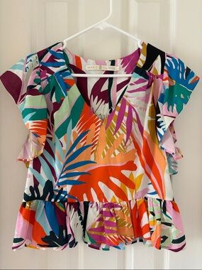 Marie Oliver Multicolor Tropical Ruffle Sleeve Blouse